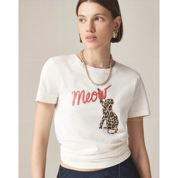 J.Crew Classic-fit Meow Graphic T-Shirt WMNS S Cream Red Crew Neck Short Sleeve - Picture 1 of 8